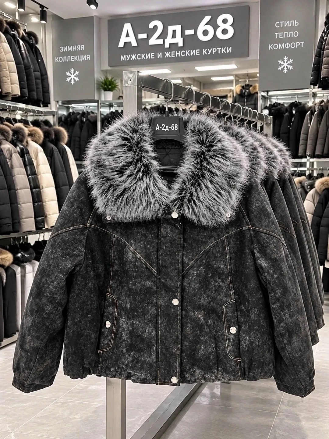 Тёплая стильная куртка из джинсы с съёмным меховым воротником — фото 1
