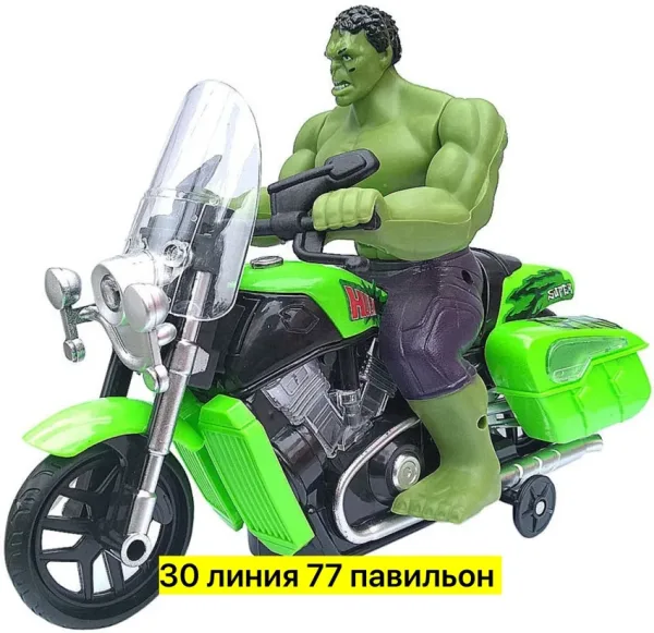 Яркая музыкальная игрушка супергероя на мотоцикле из безопасного пластика с изменяющимся цветом и вращающимися колесами — фото 1