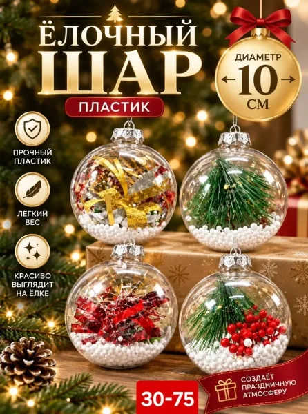 Прозрачный ёлочный шар из пластика с декоративным наполнением — фото 1