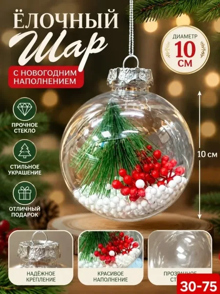 Прозрачный ёлочный шар из пластика с декоративным наполнением — фото 3