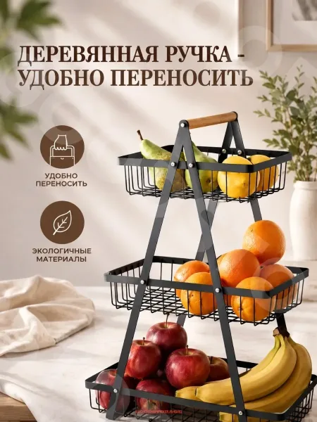Многоуровневая корзина из металла с деревянной ручкой и вентиляционными отверстиями — фото 2