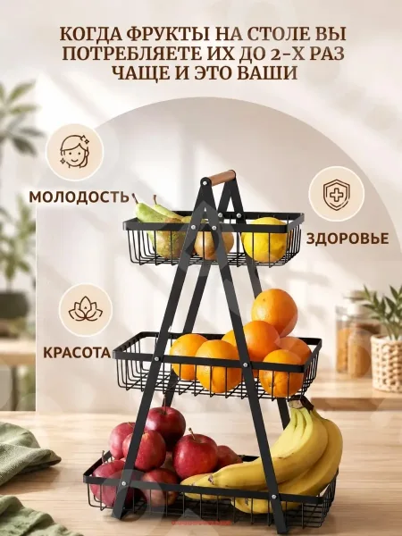 Многоуровневая корзина из металла с деревянной ручкой и вентиляционными отверстиями — фото 9