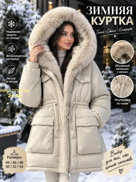 Женская зимняя куртка, молочный оттенок, с меховым капюшоном — фото 1