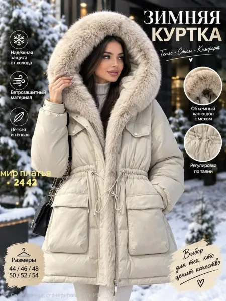 Женская зимняя куртка, молочный оттенок, с меховым капюшоном — фото 4