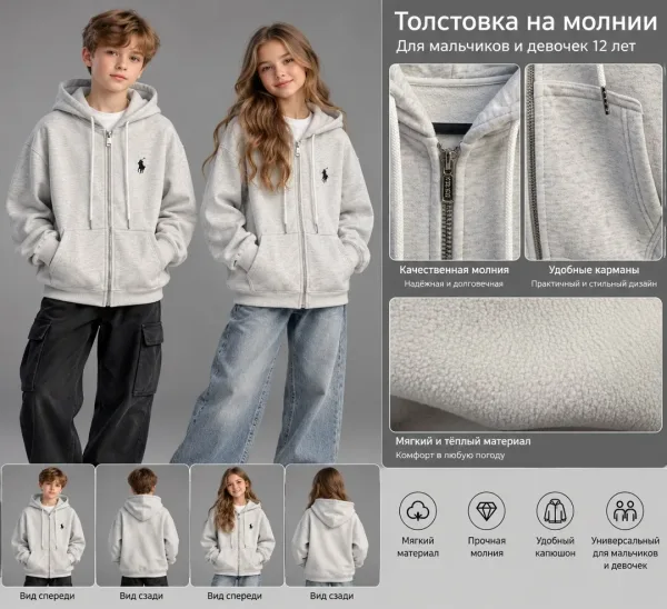 Толстовка из хлопка с начесом, подходит для повседневного ношения — фото 2