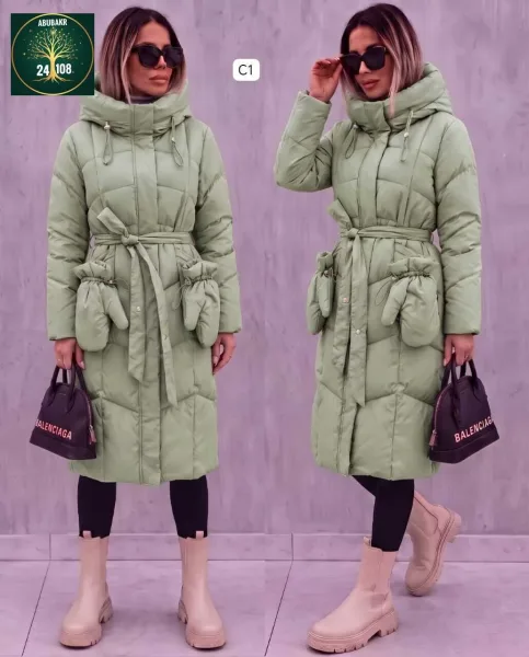 Удлинённая куртка с поясом и варежками в комплекте — фото 4