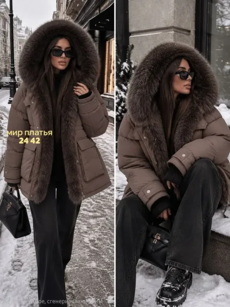 Женская зимняя куртка, молочный оттенок, с меховым капюшоном — фото 3