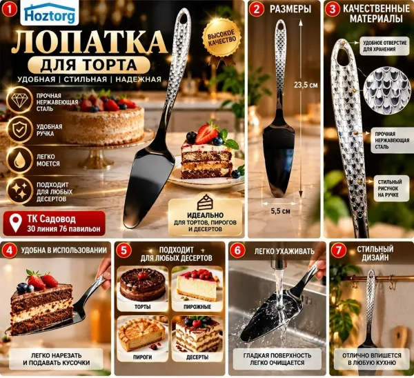 Металлическая лопатка с красивой ручкой и удобным узором для аккуратной