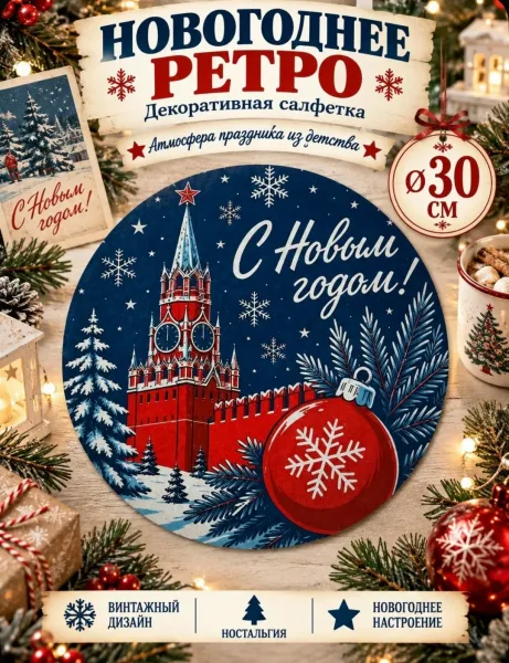 Салфетка новогодняя декоративная круглая, Кремль, ретро стиль, винтажный декор для праздничного стола — фото 5