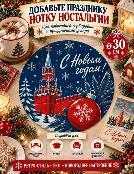 Салфетка новогодняя декоративная круглая, Кремль, ретро стиль, винтажный декор для праздничного стола — фото 9