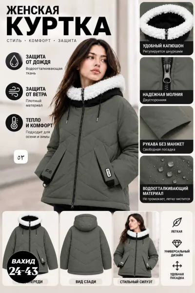 Женская куртка с капюшоном и меховым воротником — фото 3