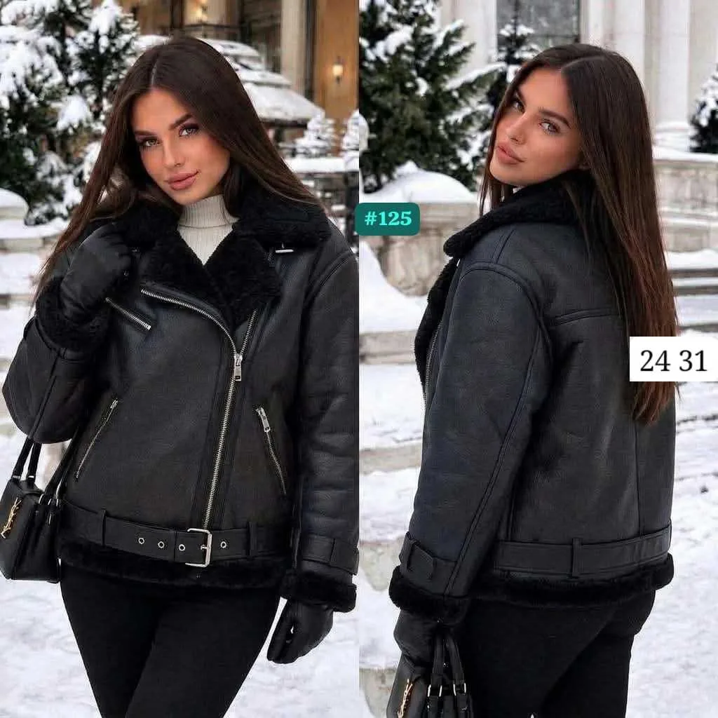 Чёрная куртка-дублёнка с меховым воротником — фото 1