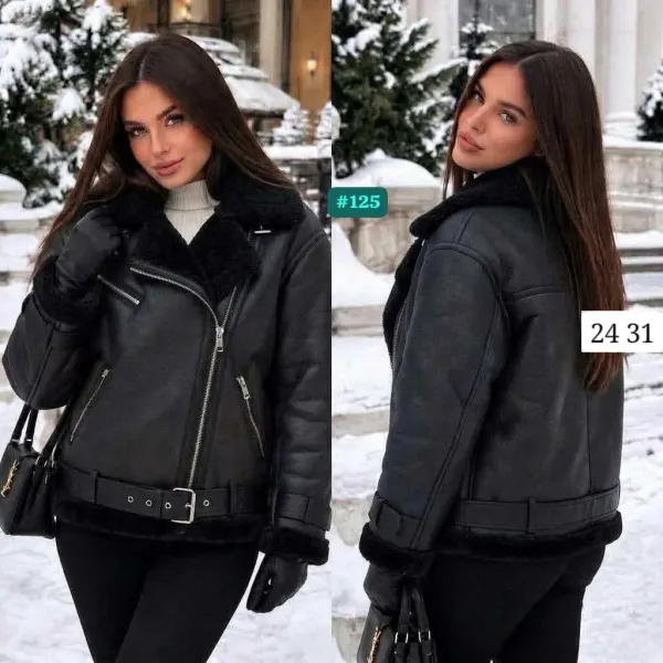 Чёрная куртка-дублёнка с меховым воротником — фото 1