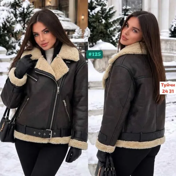 Чёрная куртка-дублёнка с меховым воротником — фото 2