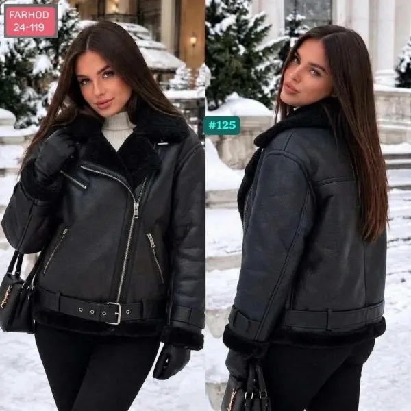 Чёрная куртка-дублёнка с меховым воротником — фото 1