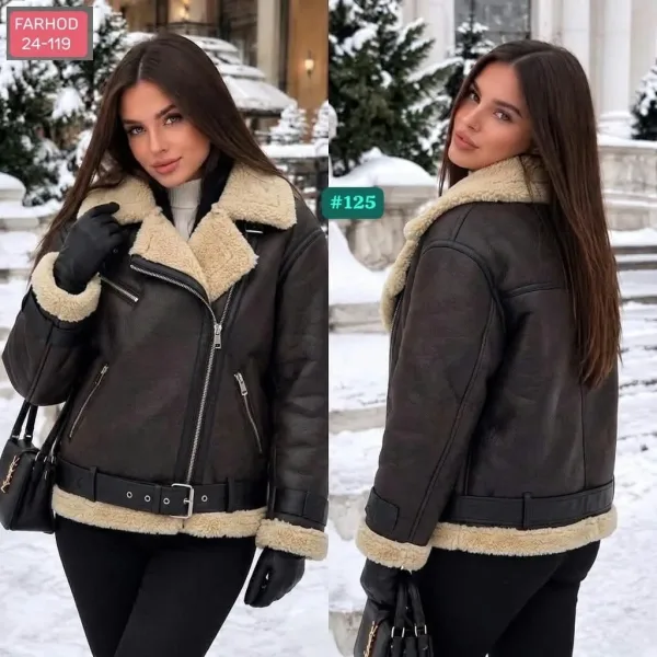Чёрная куртка-дублёнка с меховым воротником — фото 2