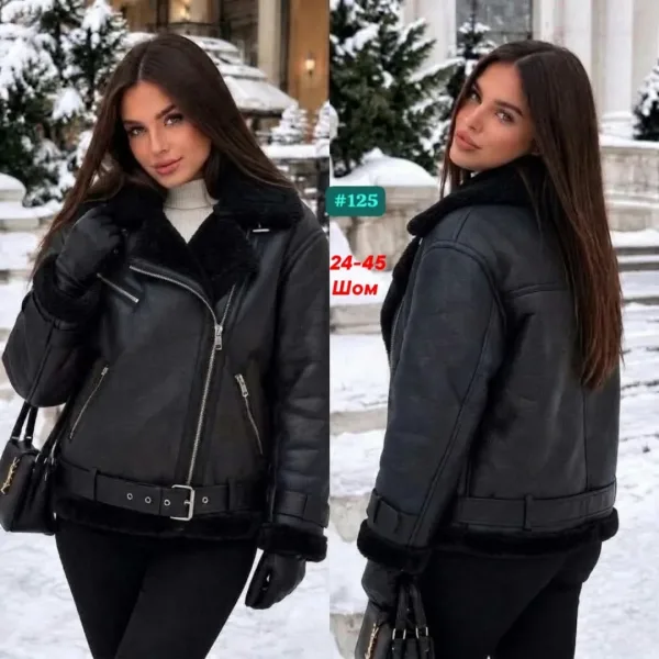 Чёрная куртка-дублёнка с меховым воротником — фото 2