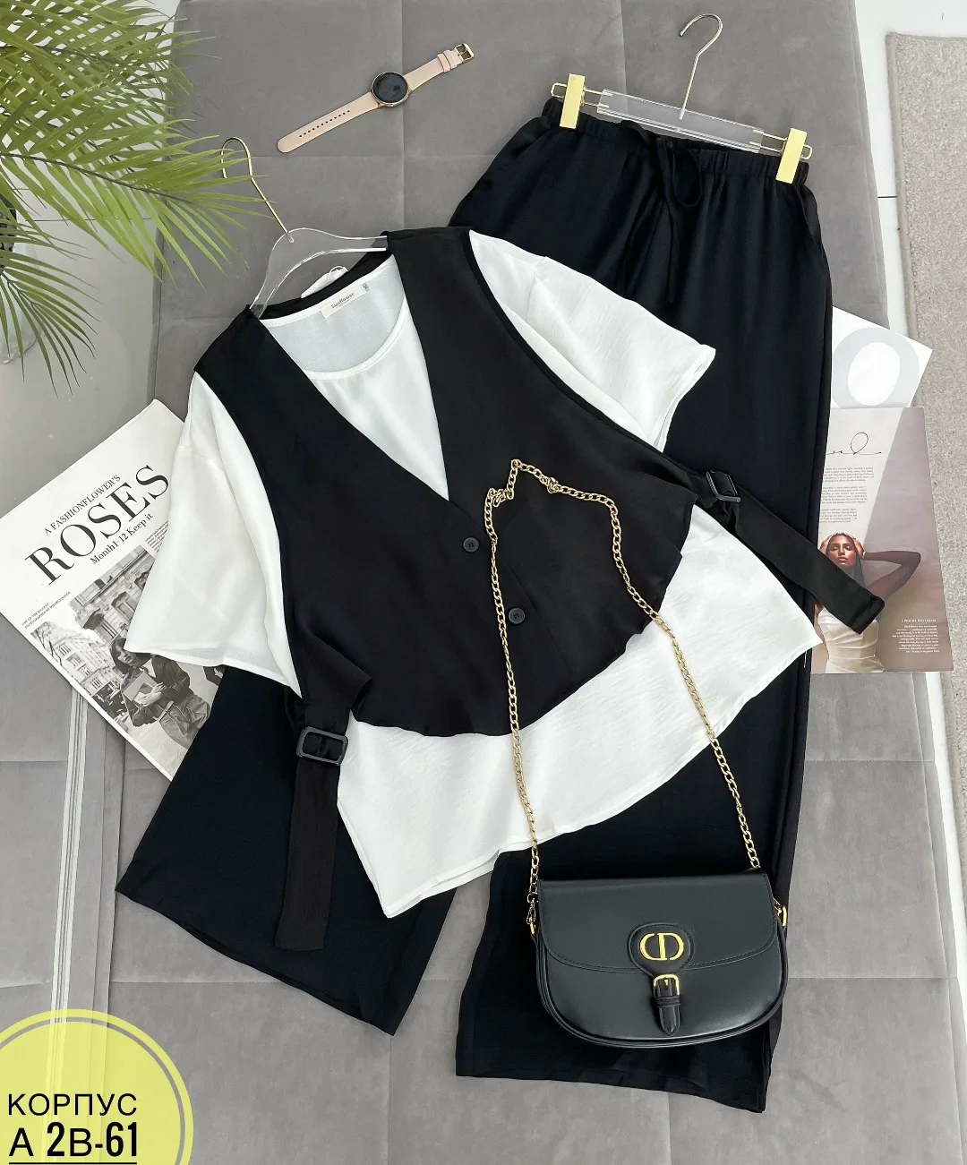 Повседневный костюм тройка свободного кроя с майкой Синий — фото 1