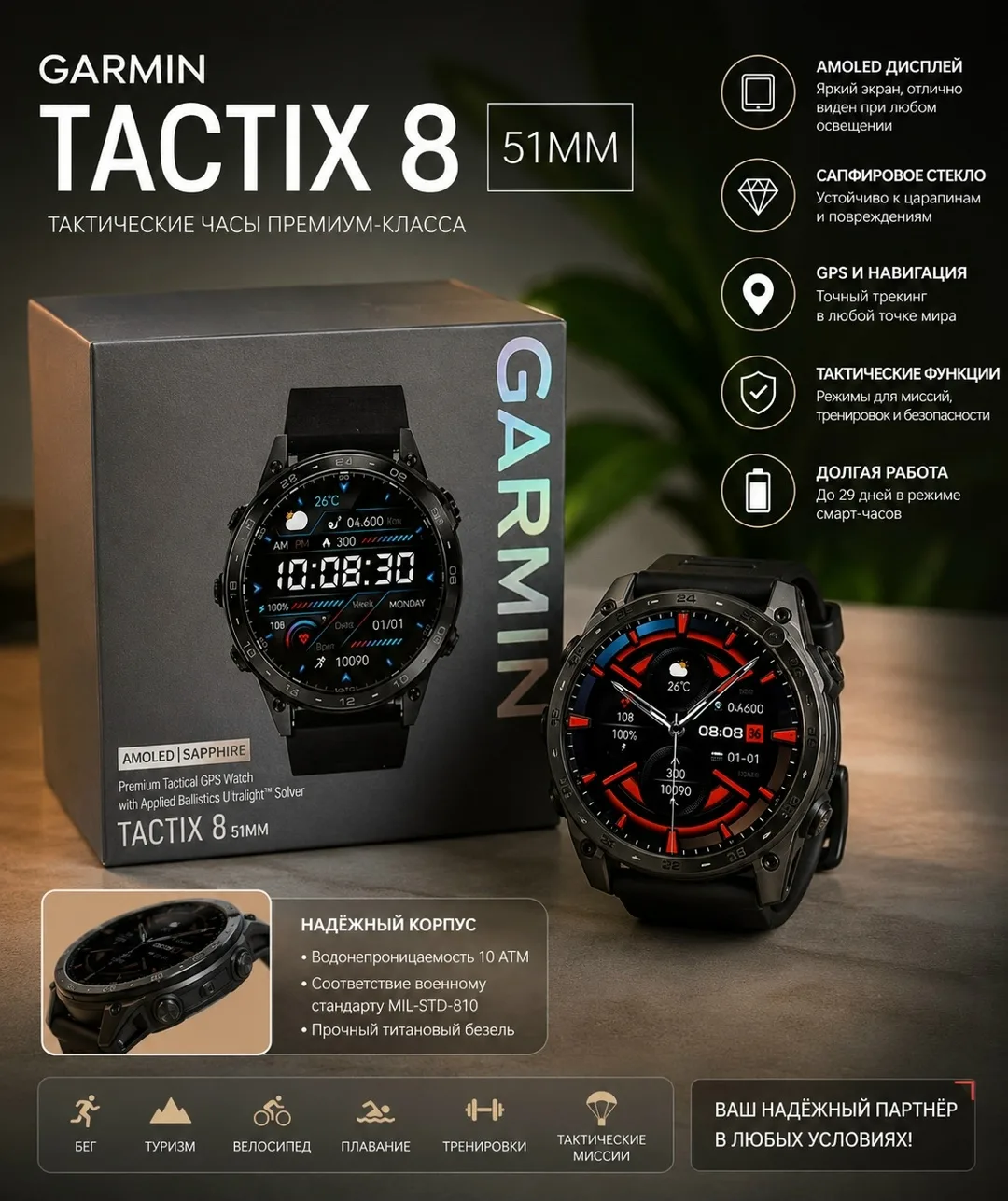 Надёжные тактические часы премиум-класса с AMOLED-дисплеем, сапфировым стеклом — фото 1