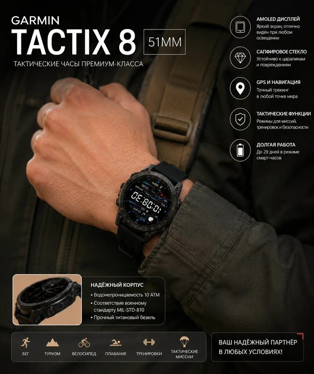 Надёжные тактические часы премиум-класса с AMOLED-дисплеем, сапфировым стеклом — фото 2