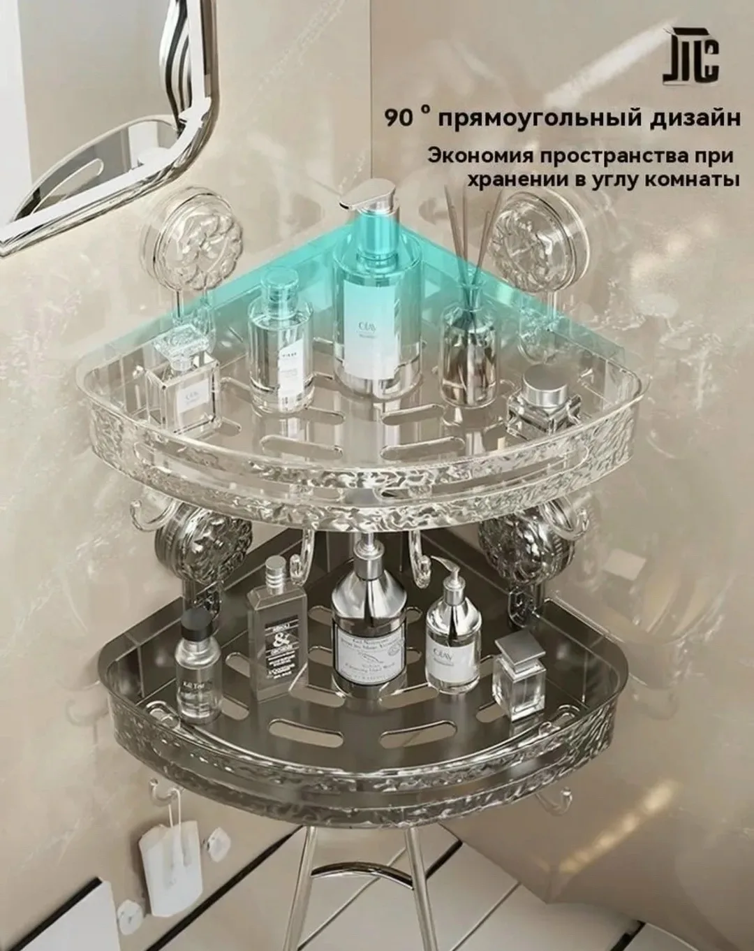 Водонепроницаемая прозрачная ПЭТ-пластиковая угловая полка с крючками на присосках, матовая отделка, настенный органайзе — фото 4