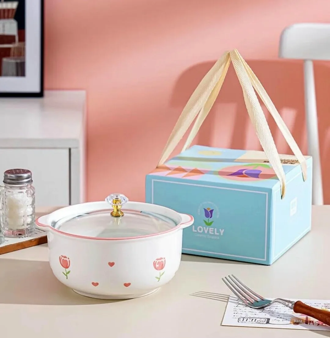 Керамическая суповая миска SHUNJU с двумя ручками и стеклянной крышкой — фото 1