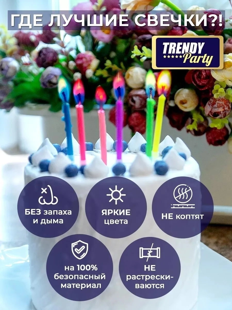 Набор из 12 прямых разноцветных свечей для торта с цветным пламенем — фото 2