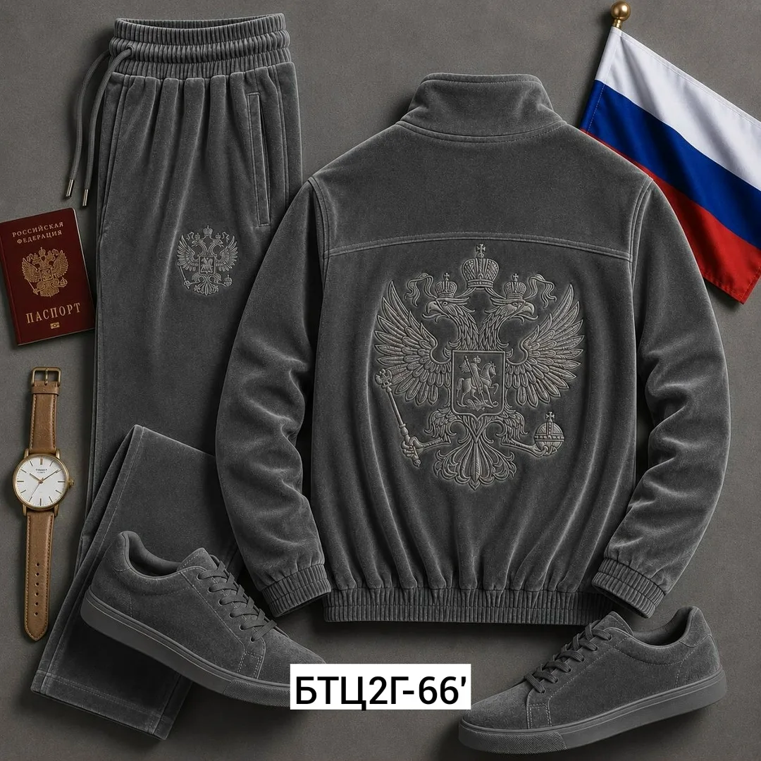 Костюм двойка, бархат, с вышивкой герба России — фото 2