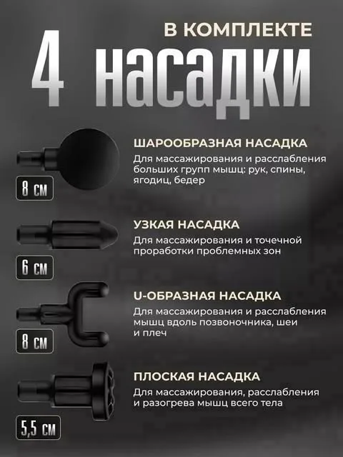 Массажный пистолет для тела с 4 насадками — фото 4