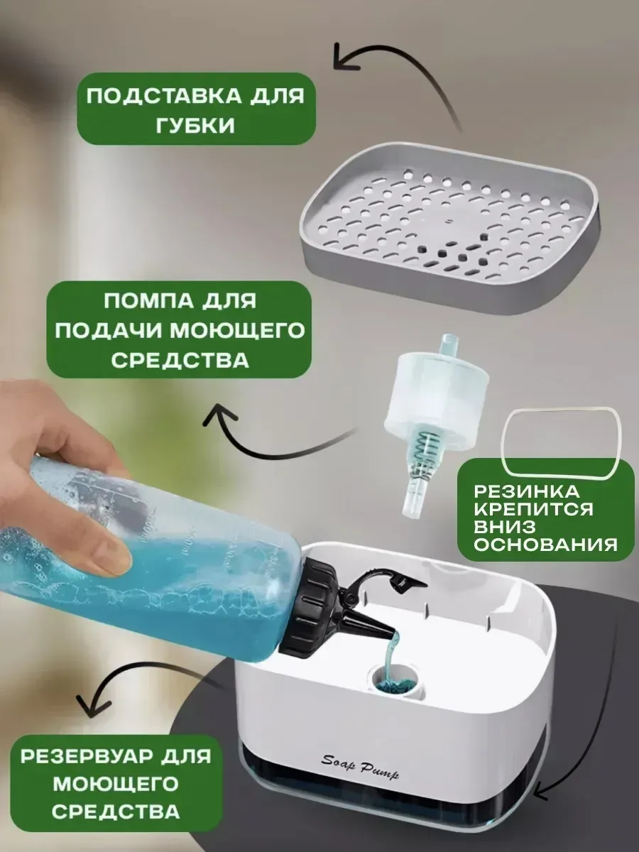 Кухонный диспенсер моющего средства, в стильной подарочной упаковке, для мытья посуды с губкой в комплекте - отличное до — фото 3