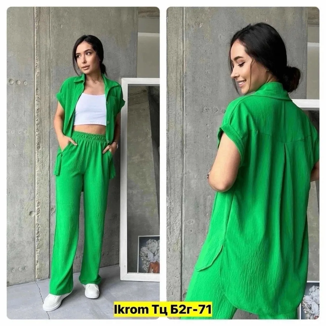 Летний брючный костюм из ткани сингапур, состоит из Синий — фото 3