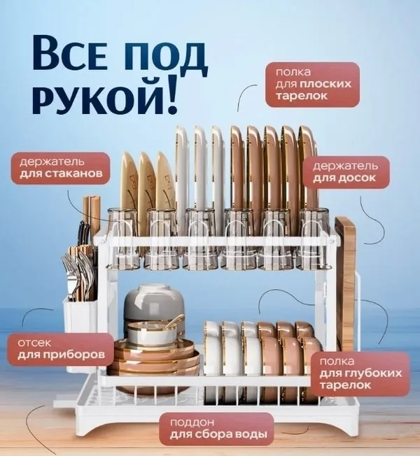 Сушилка для посуды настольная с поддоном и сливом Чёрный — фото 3