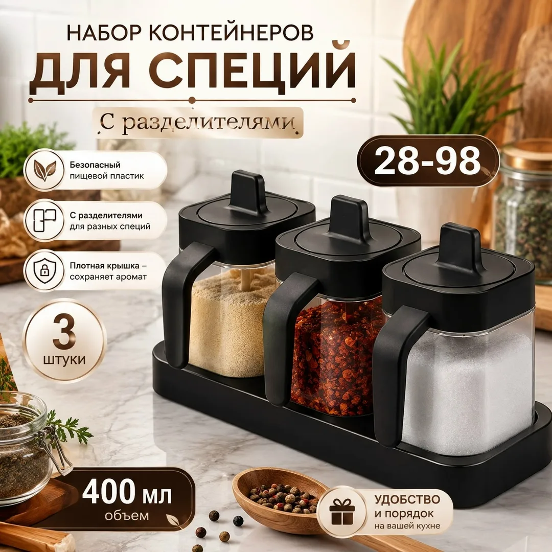 В одном наборе сразу 3 контейнера по с разделителями удобно хранить разные специи, приправы и другие сыпучие продукты — фото 1