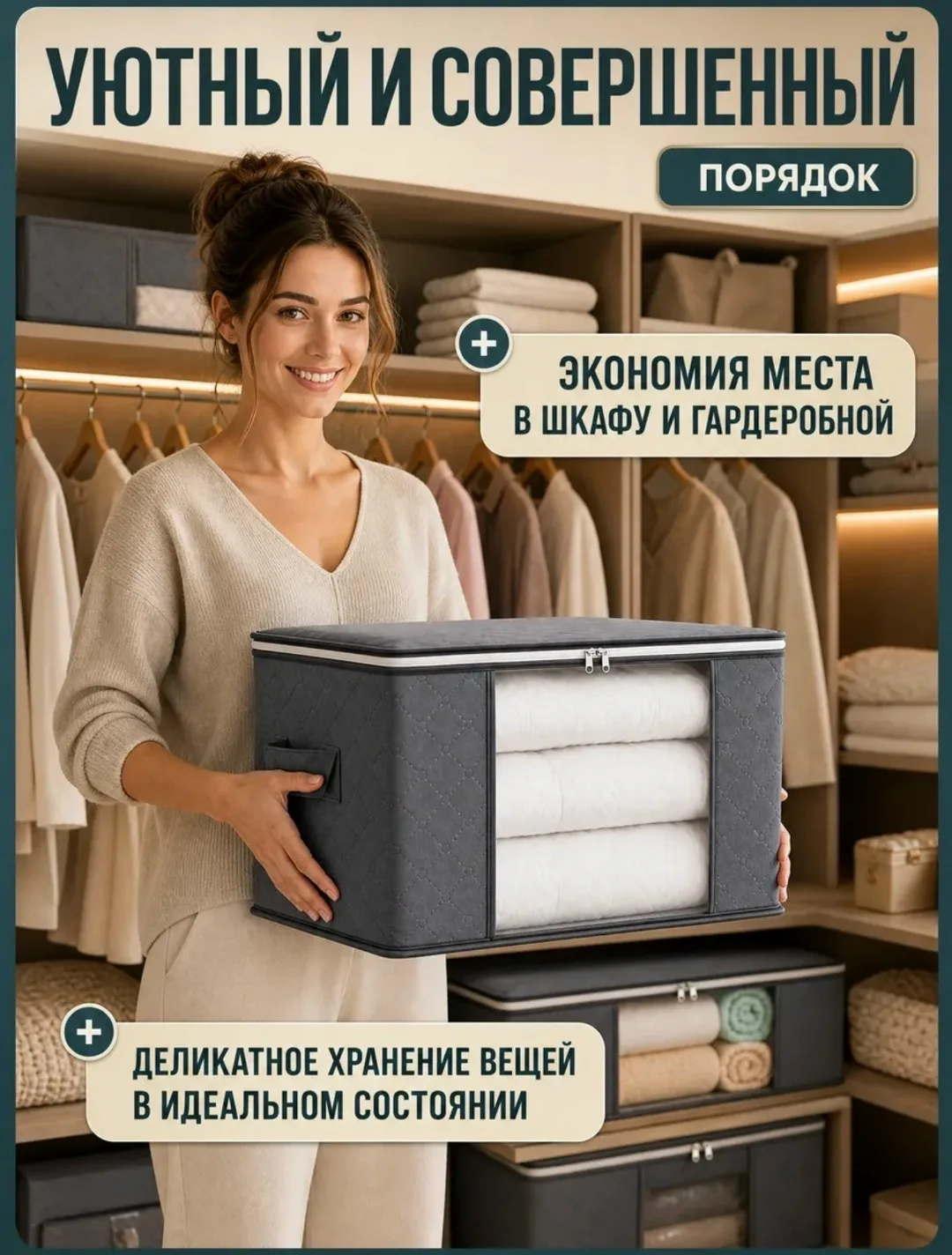 Складной текстильный органайзер с двумя ручками, молнией и прозрачным окошком — фото 4