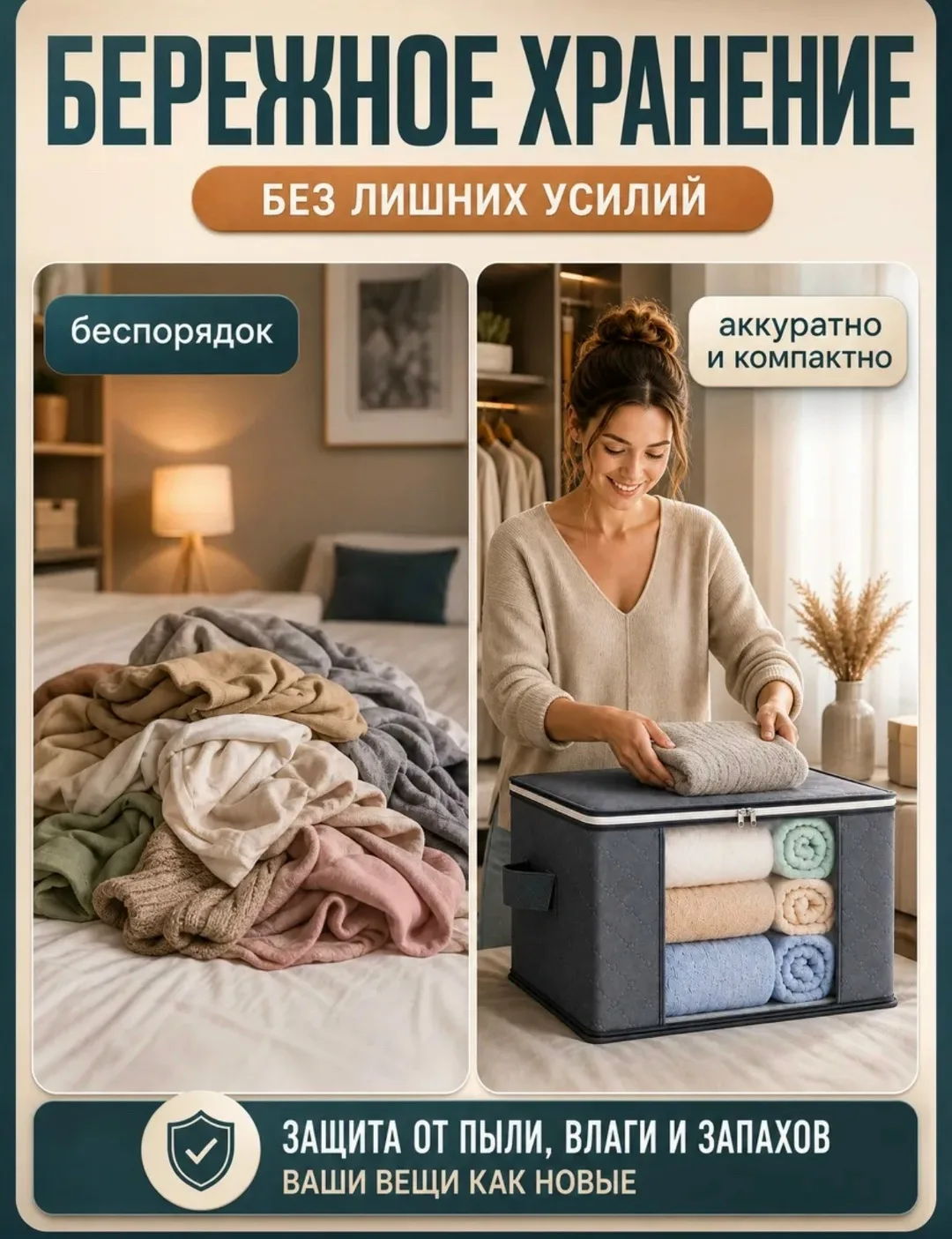 Складной текстильный органайзер с двумя ручками, молнией и прозрачным окошком — фото 5
