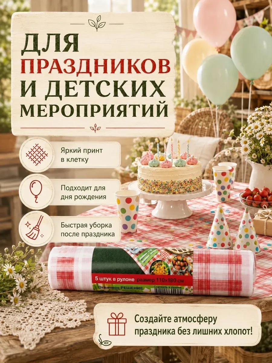 Посуда Скатерть одноразовая в рулоне Клетка — фото 2