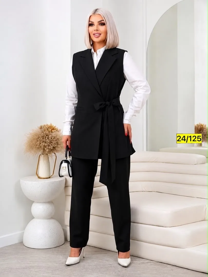 Женский костюм-тройка из плотной ткани барби и рубашки синяя — фото 2