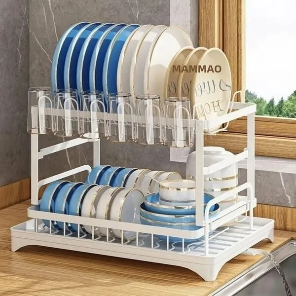 Двухъярусная настольная сушилка с поддоном и сливом для воды, удобная для хранения посуды, столовых приборов и кухонной — фото 10